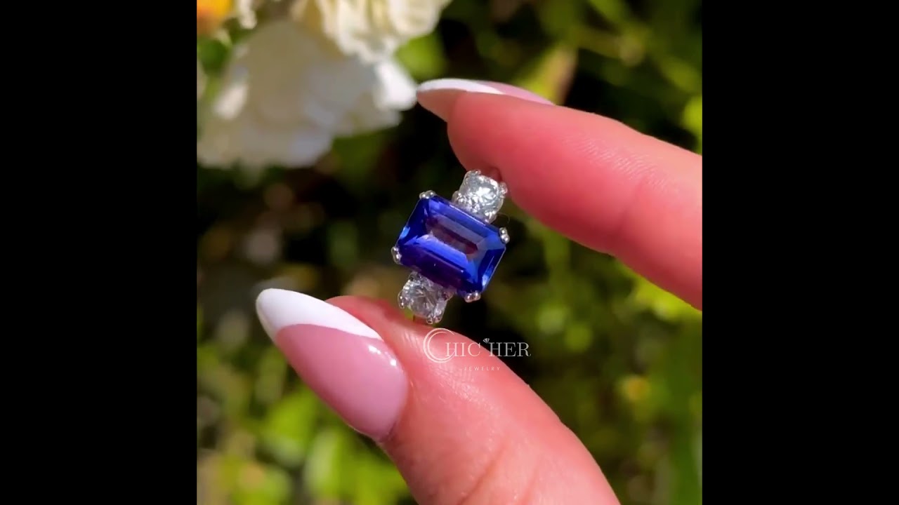 4ct Three-stone Emerald Cut Blue Sapphire Ring