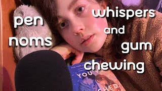 asmr | a cozy whispered ramble :3 with pen noms, gum chewing, and book tapping