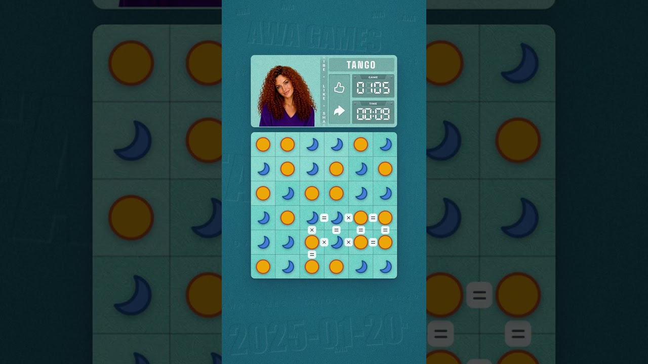 LinkedIn Tango #105 solved board for January 20, 2025, 6x6 grid