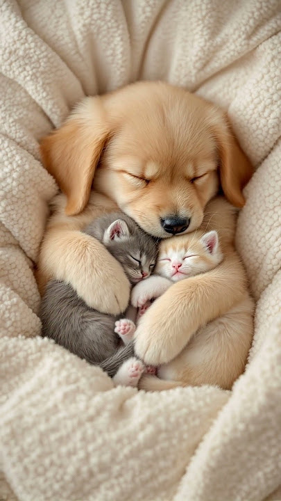 Download lagu Adorable Nap Time: Puppy Cuddles Two Tiny Kittens! 🐱🐶❤️