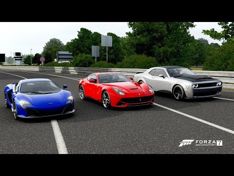 forza-7-drag-race:-ferrari-f12-berlinetta-vs-dodge-demon-vs-mclaren-650s-coupé