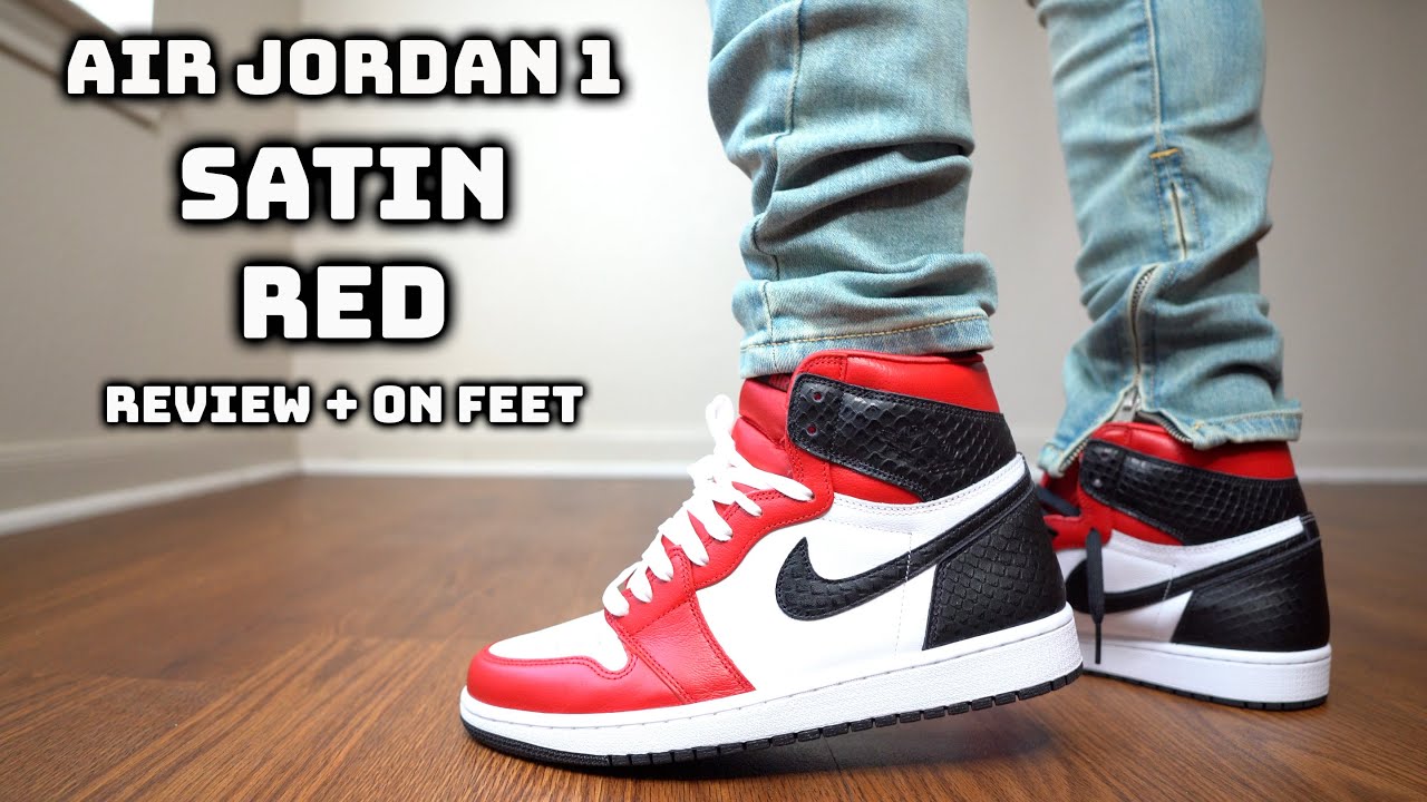 jordan 1 satin red on feet