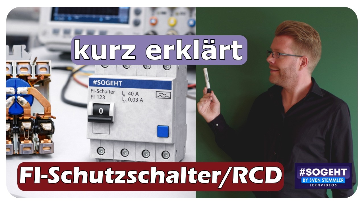 Vorschaubild zum Lernvideo "FI-Schalter (RCD) einfach erklärt – Normen, Typen A/F/B, Aufbau & Funktion"