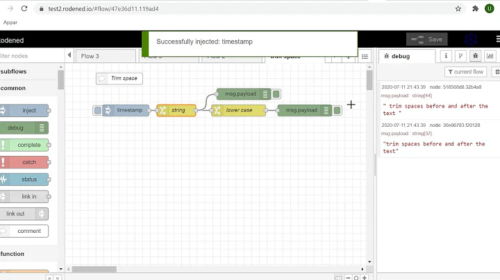 Trim spaces before and after a text string with jsonata