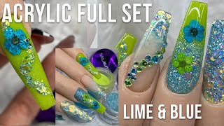 Full Set Acrylic Nails LIME GREEN and Blue Encapsulated flowers | Glitter Planet