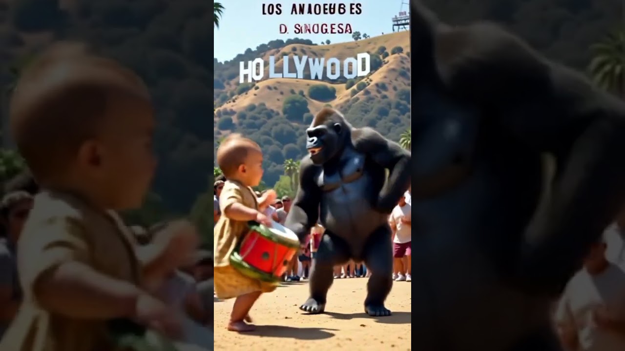 Baby Playing Dhol 🥁 with Dancing Gorilla | Bhangra in Front of Hollywood Sign 🌟🤣