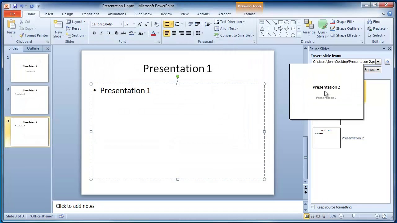 powerpoint insert another presentation