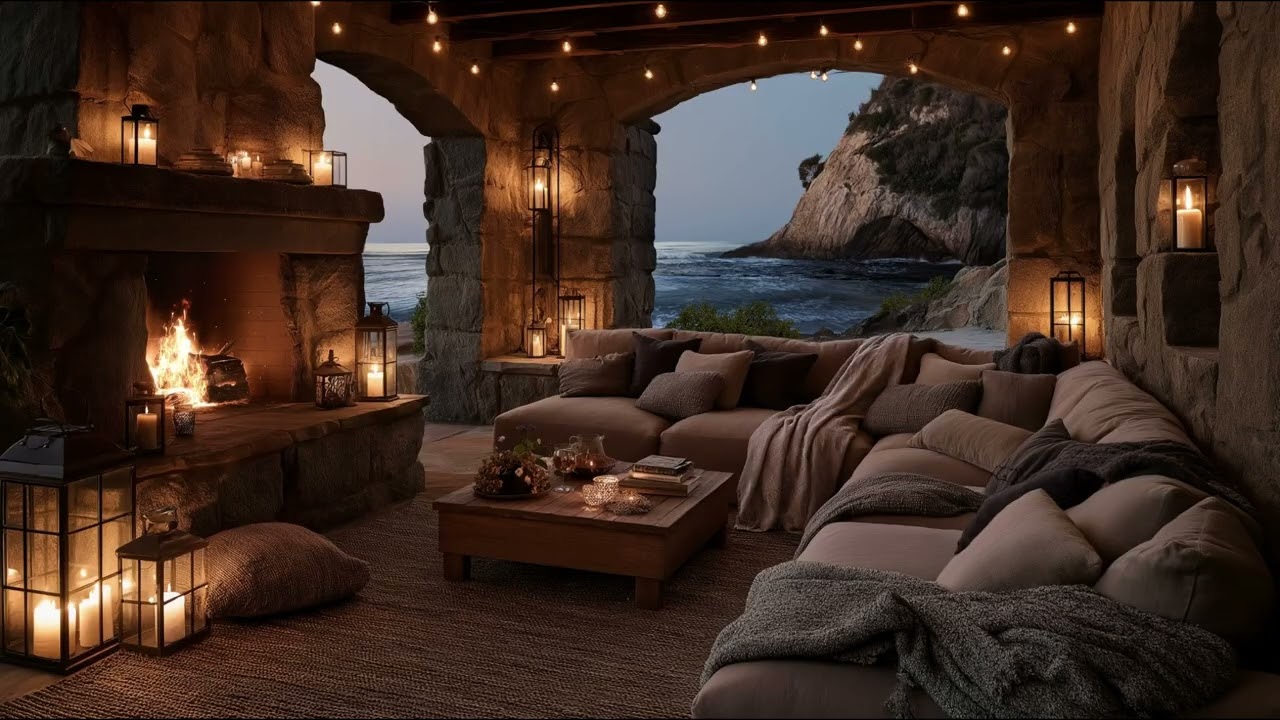 Cozy Oceanfront Fireplace Ambience |  Crackling Fire, Thunder & Calming ASMR for Focus & Relaxation