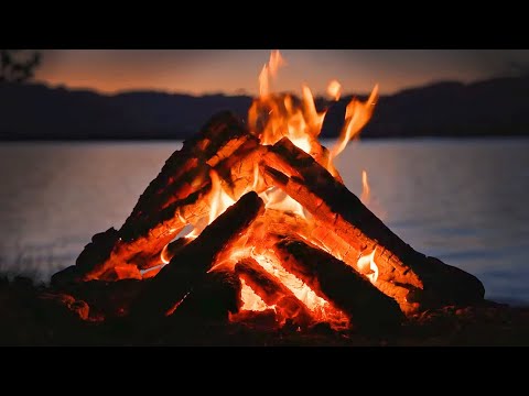 Live - Crackling Campfire at the Lake with Chirping Crickets at Dusk.