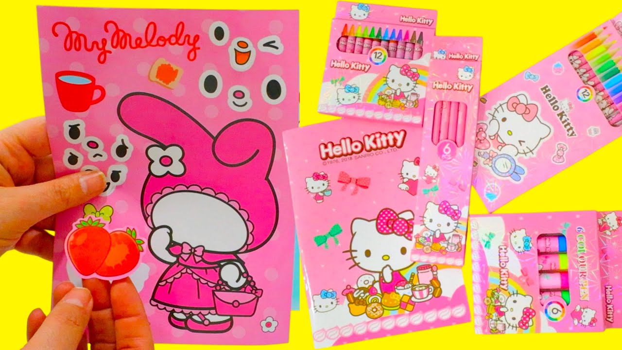 Coloreando y dibujando con pegatinas de caras y un set de materiales de Hello Kitty