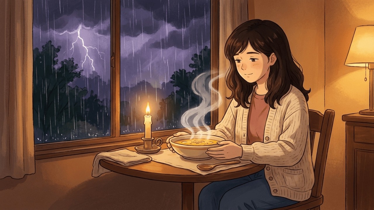 Rainy Night, Warm Soup, and the Sound of Distant Thunder | Healing in Solitude 🌧️ Cozy ASMR