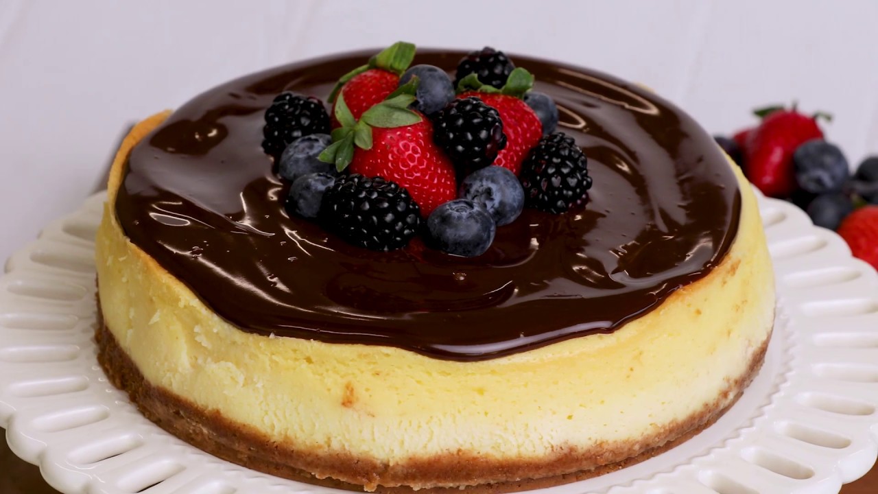 New York Cheesecake with Chocolate Ganache Topping - YouTube