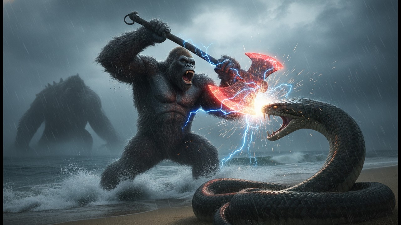 King Kong vs Giant Anaconda: Lightning Axe Decapitates Snake on Shore