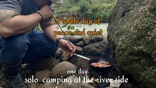Solo raw camping in the river side, cook simple food, practice wood carving #asmr