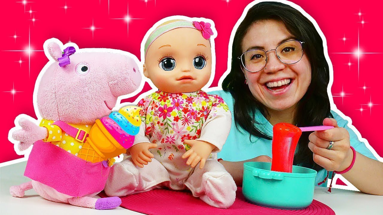 A Peppa se le olvida que la muñeca Alive no come dulces. Vídeos de  juguetes bebés  en español.