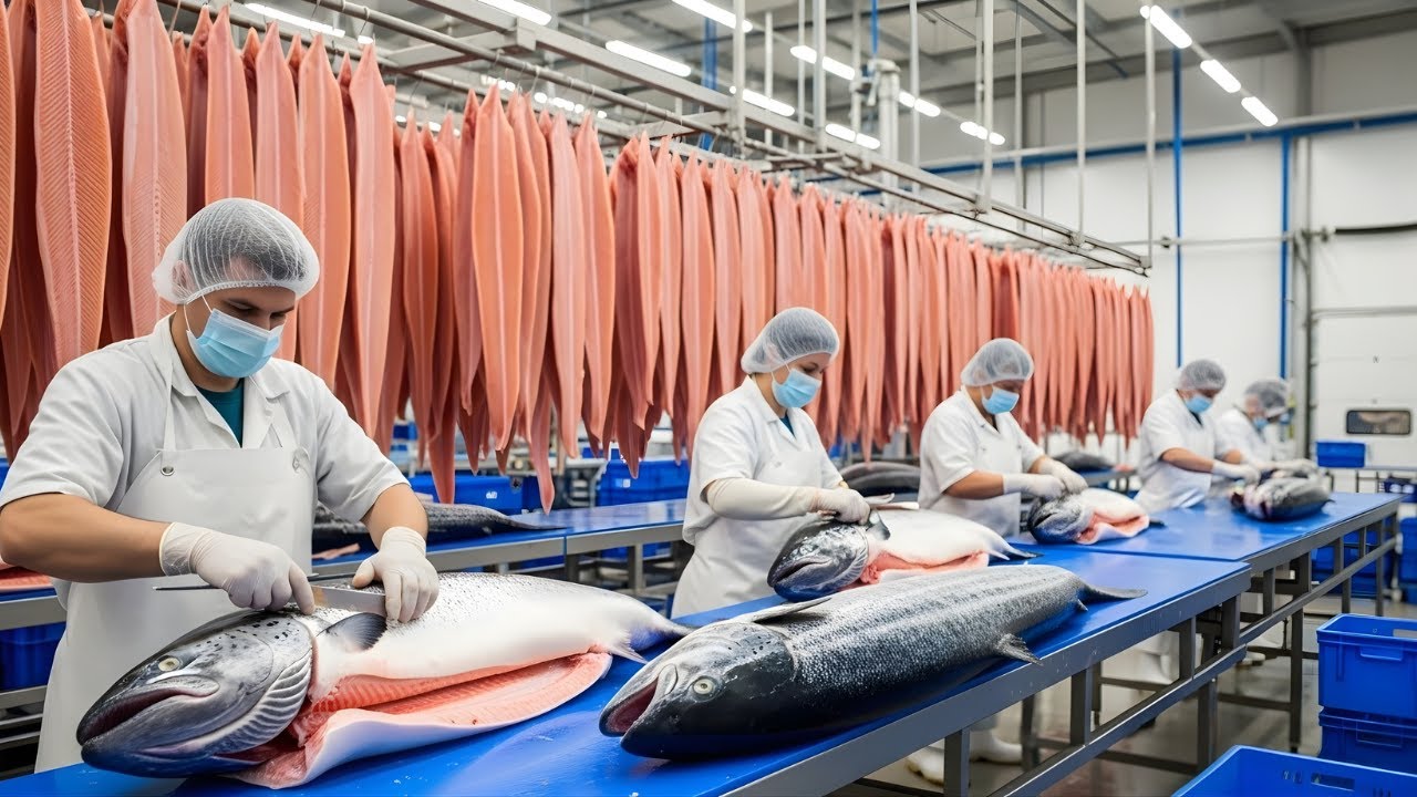 Inside a Modern the salmon processing plant and preparation of salmon pilaf with butter