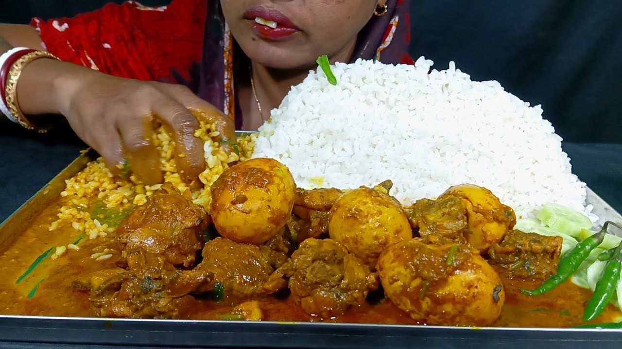 Uncut video// Eating spicy 🔥 chicken and egg masala curry with hot rice/MUKBANG//Eating Show 