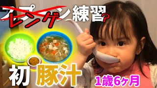 【 1歳6ヶ月 】日本食と言えばコレ‼ 大食い娘が初めての味噌汁(豚汁)とご飯でスプーンの練習 #4 のはずがレンゲでがぶ飲み⁉ 手づくりで減塩！簡単レシピ付き‼【育児Vlog】