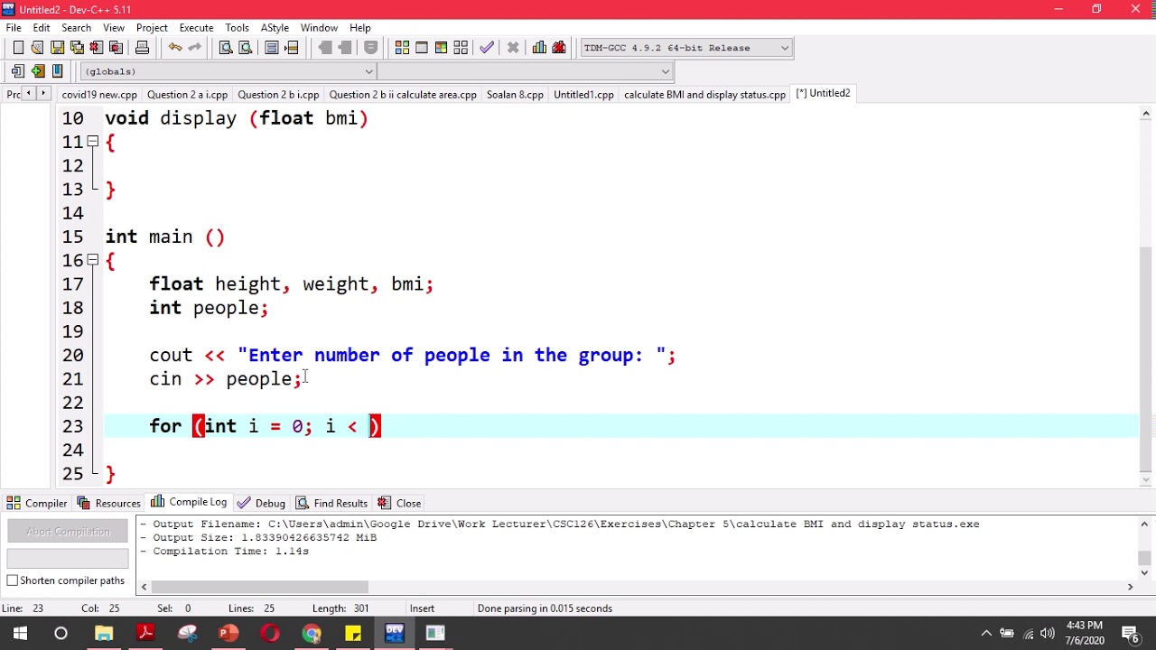 Calculate BMI using function, loop and selection structure - YouTube