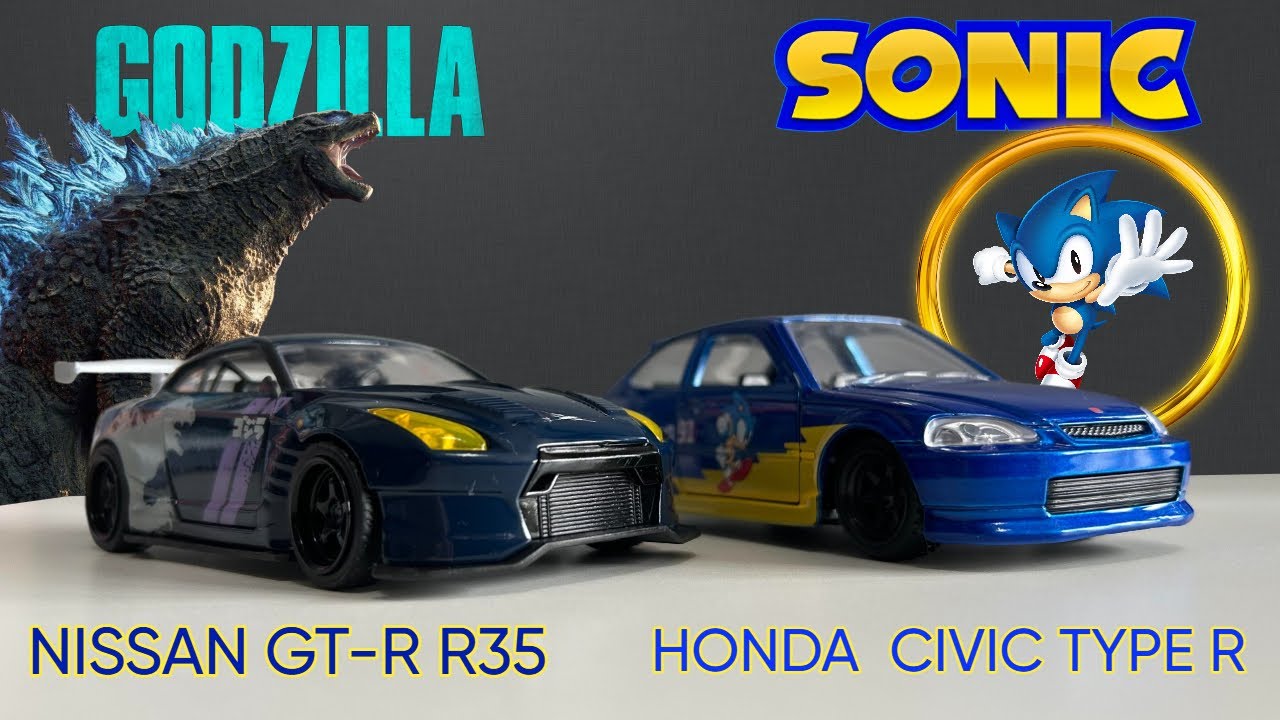 Jada toys Godzilla Nissan gt-r r35 & Sonic the hedgehog 1997 Honda ...