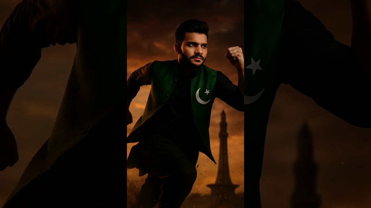 Cinematic patriotic portrait of a young Pakistani man in action with Minar-e-Pakistan backdrop ✨🔥❤️