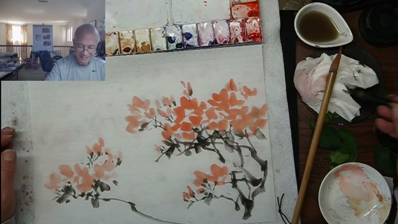 Painting from memory: Dreamlike Hot-pink Azaleas with Ink Branches