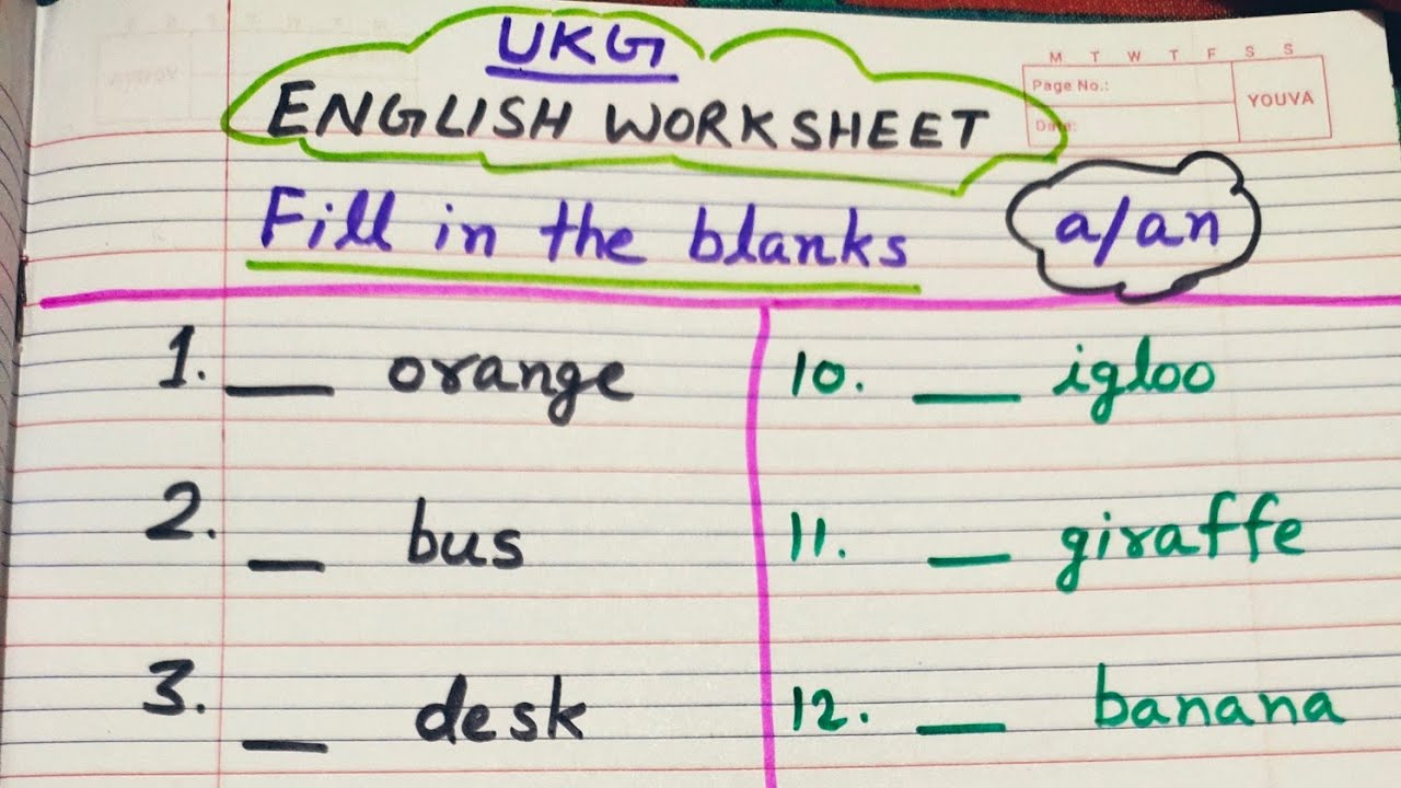 English Worksheet For UKG Fill in the Blanks with a/an Kindergarten