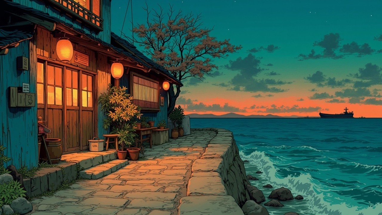 Retro Japanese Town Ambience | Chill Lofi Hip Hop Beats For Studying at The Seaside Cafe