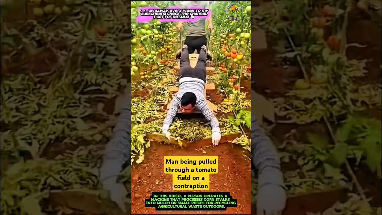 Man pulled through a tomato field on a contraption