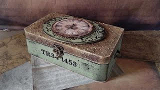 Rustic industrial style box - decoupage - mixed media wooden box