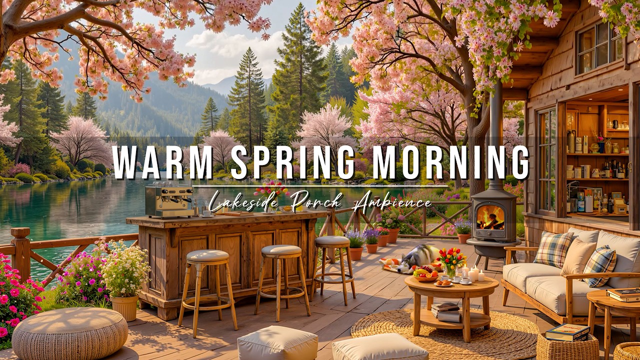 Warm Spring Morning Jazz 🌸☀ Cozy Lakeside Porch Ambience ~ Soft Piano ...