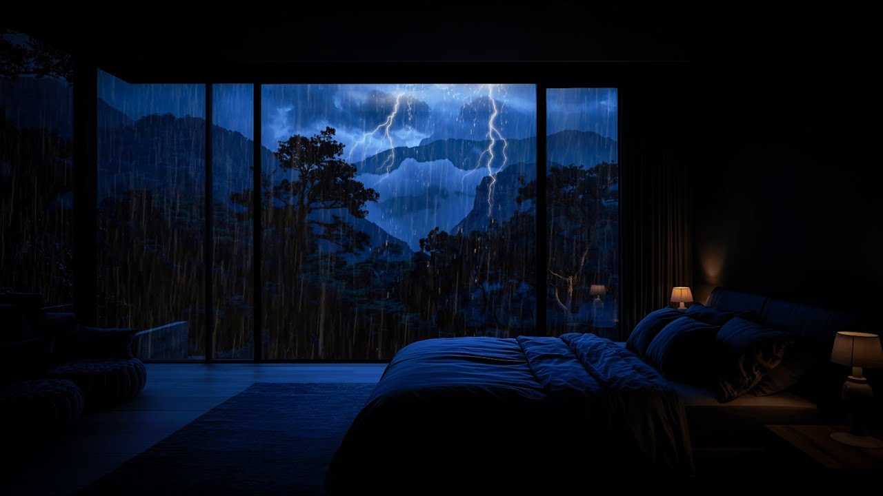 Rainy Night in Modern Mountain Bedroom 🌙🌧️ Window Rain & Distant Thunder for Sleeping Fast