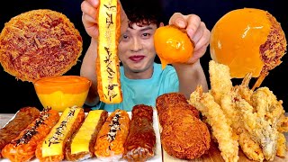 ASMR 롱~불닭쌈 짜장면쌈 치즈쌈🧀치즈볼카츠 텐동튀김 치즈소스찍먹방~! Rong Spicy Noodles With Fried Ball🟠Fried Seafood MuKBang!