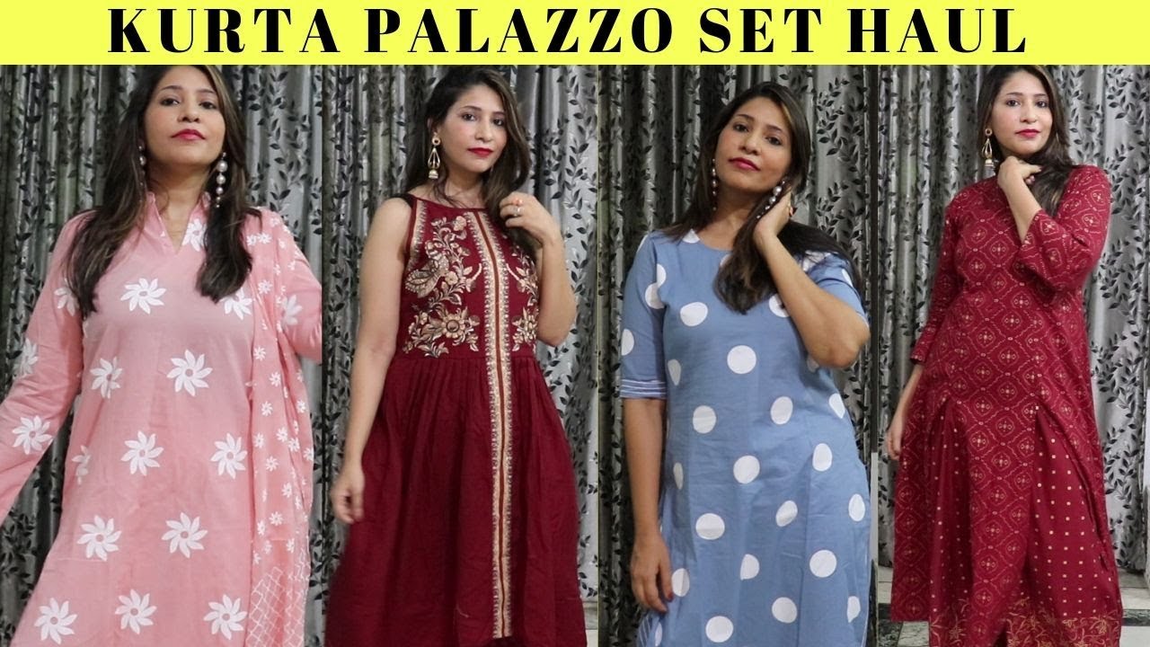 Buy Libas Women Maroon & Peach Coloured Printed A Line Kurta With Palazzos  - Kurta Sets for Women 8073515 | Myntra
