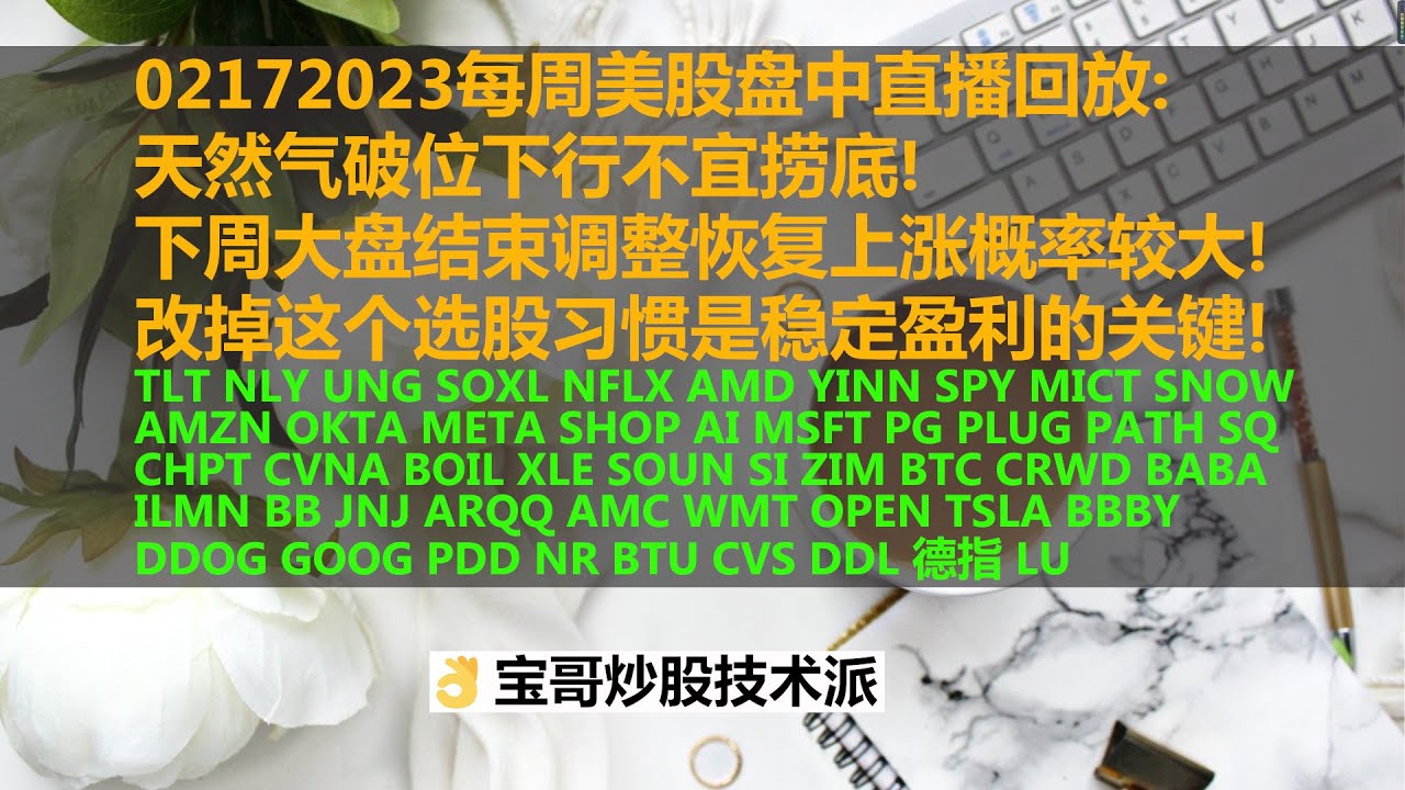 02172023每周美股盘中直播回放：天然气破位下行不宜捞底！下周大盘结束调整恢复上涨概率较大！改掉这个选股习惯是稳定盈利的关键！WMT OPEN  TSLA BBBY DDOG GOOG PDD...