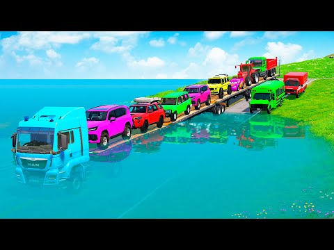 Triple Flatbed Trailer McQueen Transportation with Truck - Speedbumps vs Cars vs Train - BeamNG #48