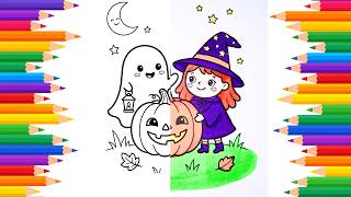 Coloring a Cute Halloween Page 🎃 | Witch, Ghost & Pumpkin Coloring