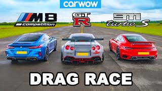 Porsche 911 Turbo v BMW M8 v Nissan GTR: DRAG RACE