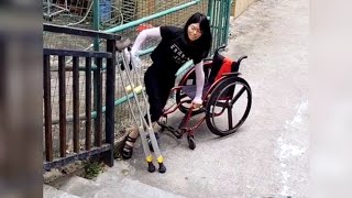 Cute Girl with Crippled Polio Legs Trying to Climb Stairs | Wheelchair Lady
