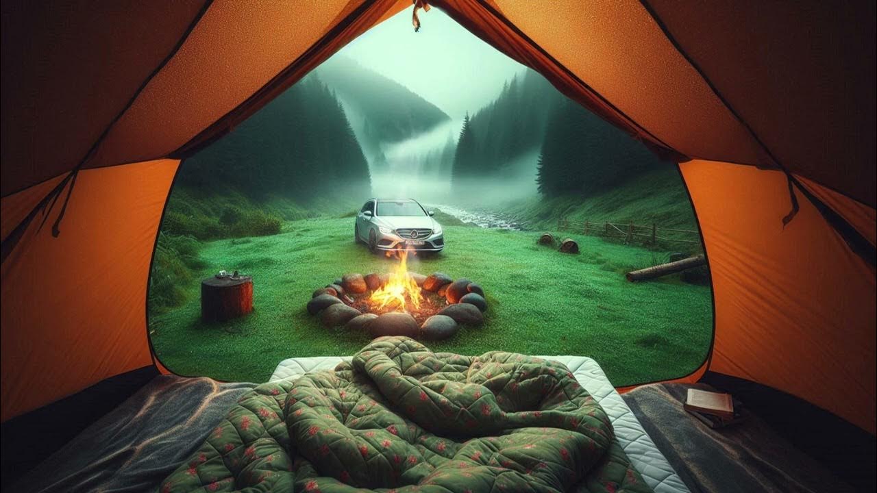 Sleeping Inside a Tent A Beautiful Landscape with a Campfire and a