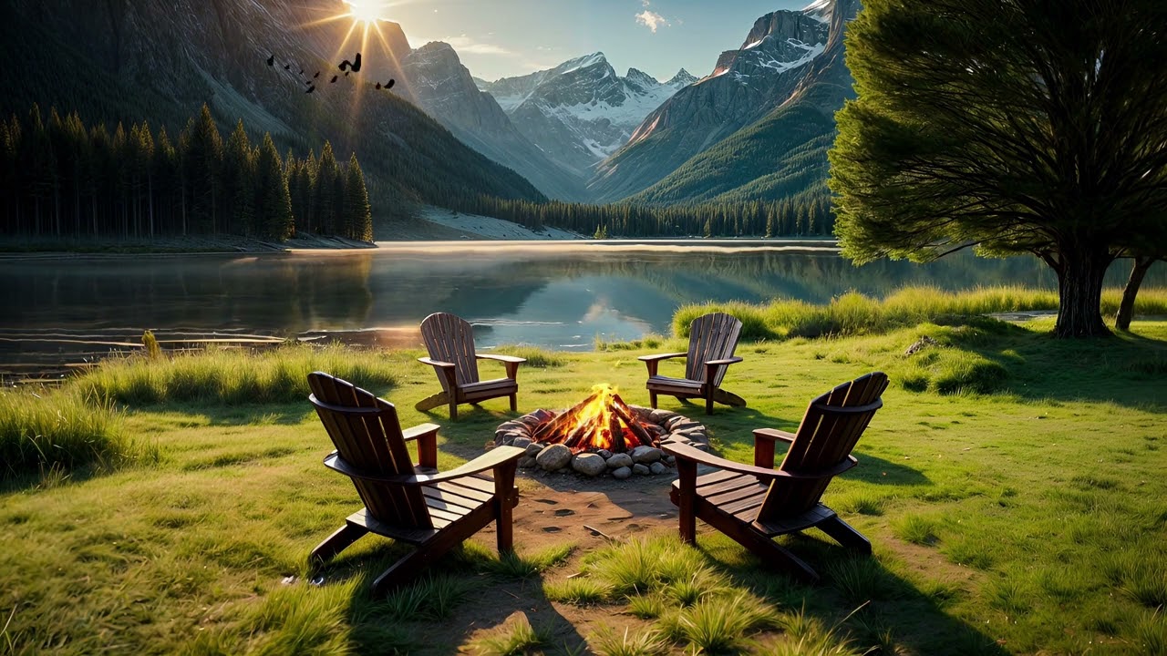 Peaceful Lakeside Morning | Campfire Ambiance & Nature Sounds Meditation & Calm