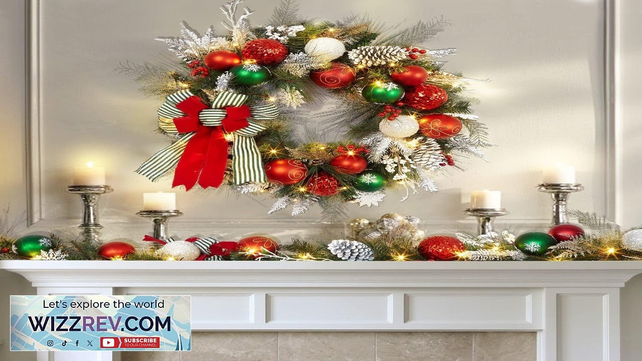 Garvee 24 Inch Pre Lighted Christmas Wreath for Front Door Silver White Wreath