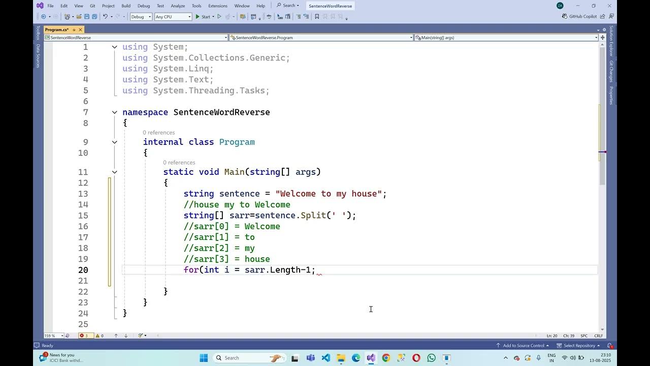 Sentence Word Reverse Program in C# - YouTube