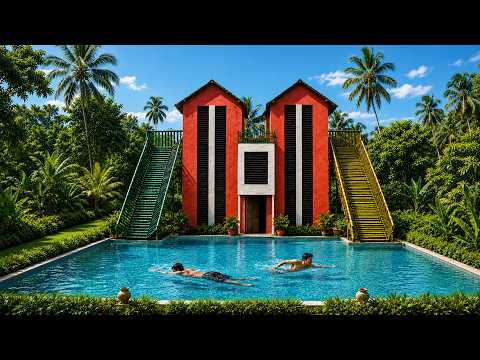 Tropical Pool House With Twin Water Slides