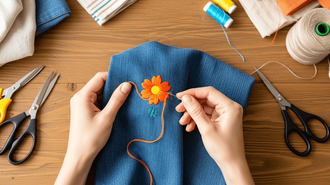 Only 5 Minutes! The Easiest Way to Embroider a Beautiful Flower on Denim 🌼🧵 Two Simple Steps