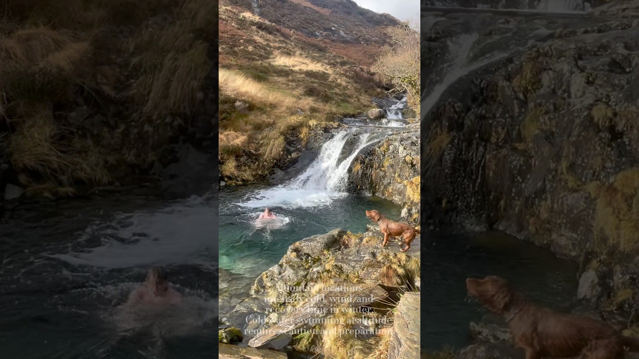 Swimming in a mountain pool in winter