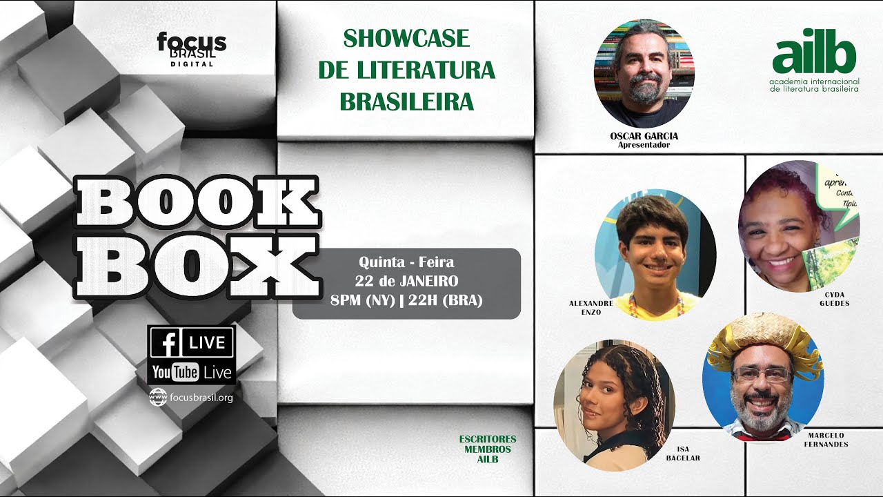📚✨Literatura Brasileira em destaque! 📚 BOOK BOX 22 JAN 2026

Terceira semana de janeiro, começo de ano a todo vapor, e o Book Box segue firme em 2026, abrindo espaço para histórias que inspiram, emocionam e transformam. 📚  Hoje, mais uma vez, vamos conhecer trajetórias diferentes, olhares singulares e escritas que mostram a força e a diversidade da nossa literatura.

Vamos ver quem vai estar conosco no programa desta semana:
🔹ALEXANDRE ENZO é autor autista, fluente em inglês, e começou muito cedo sua trajetória na literatura. É autor de livros infantojuvenis e de uma saga bilíngue, participa de eventos literários, visita escolas e já foi reconhecido com prêmios e homenagens por seu talento e representatividade.  https://www.alexandreenzoautor.com.br
🔹CYDA GUEDES é escritora e terapeuta. Sua escrita parte de vivências reais, abordando temas como superação, maternidade atípica, autoconhecimento e cura emocional. Hoje, além de escrever, ajuda outras mulheres a reconstruírem sua autoestima.  Instagram: @energiadeser
🔹ISA BACELAR é jovem poeta cearense que encontrou na escrita uma forma de expressar sentimentos e dialogar com o mundo. Sua poesia nasce da escuta do coração e da crença de que a vida, assim como a literatura, também é arte.  Instagram: @belabacelar_
🔹MARCELO FERNANDES é filósofo, escritor, educador e contador de histórias. Desenvolve projetos artísticos, educacionais e ambientais, com atuação em escolas, instituições culturais e obras sociais. Sua produção transita entre literatura, arte e educação.  Instagram: @sonhos_de_francisco

📚 Nosso anfitrião do mês é o bibliotecário e agente literário OSCAR GARCIA @oscargbr1

Não perca!
📅 22 de Janeiro de 2026  |  ⏰ 8PM (NY) | 22Hrs (BRA)
📺Assista - Clique para receber a notificação e não esquecer!

Apoio cultural:
UNDERLINE PUBLISHING - https://www.underlinepublishing.com 
AGÊNCIA O PRAZER DE LER - @agenciaoprazerdeler  
EDITORA OUTUBRO EDIÇÕES - https://outubroedicoes.com.br

📚✨ BOOK BOX – A sua conexão com a literatura brasileira no mundo!

Prestigie 😊 Dê seu LIKE 👍 Compartilhe ⏩ Comente 📝 
__________
Siga a #focusbrasildigital:

Site: https://focusbrasil.org/
Instagram:   / focusbrasilfoundation  
Facebook:   / focusbrasilorg  
___________
Sobre a Focus Brasil Foundation
O Focus Brasil é um movimento em celebração à cultura brasileira e à atuação dos brasileiros no exterior.  Através da Focus Brasil Foundation e do Focus Brasil Digital, produzimos conteúdos, eventos e programas que promovem diálogo, educação, cultura, negócios e conexões globais.