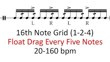 Float drag every five notes (1-2-4 accents) | 20-160 bpm 16th note grid sheet music