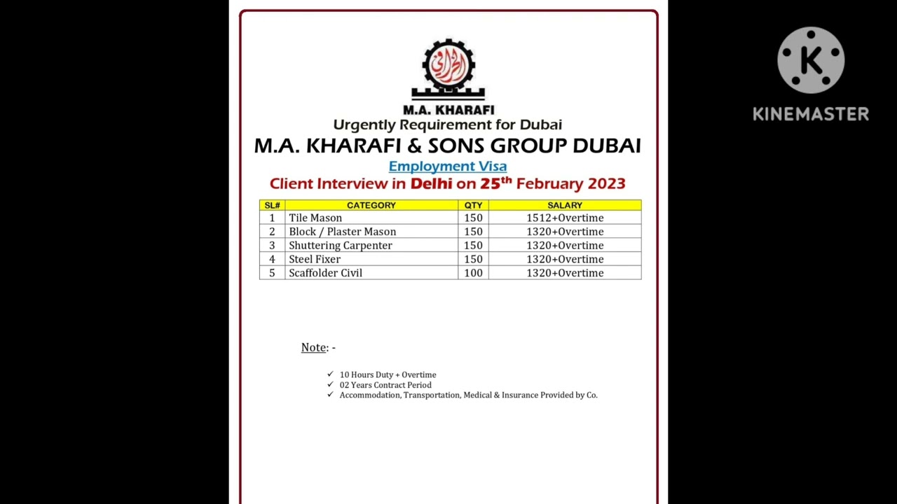 New vacancy Dubai M.A KHARAFI & SONS Group civil tiles mason relativ interview Delhi 25 February