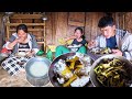 Jina cooking dry meat  rice for family  lunch time in shelter sanjipjina